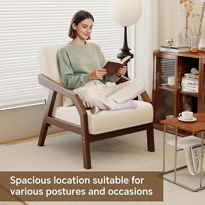 Solid Wood Accent Chair Mid-Century Modern Lounge Armchairs, Fabric Upholstered Soft Comfy Living Room Chairs with Armrest Waist Cushion Pillow for Office Reading Waiting Room (Brown Arm)
