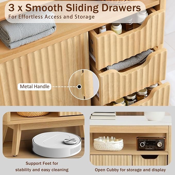 Fluted Floor Bathroom Cabinet with Sliding Door, Modern 3 Drawers Storage Organizer with Adjustable Shelf, Mid Century Bathroom Cabinet with Curved Edge for Bathroom Dining Room (Natural Oak)