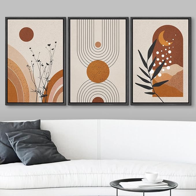 wall26 Framed Canvas Print Wall Art Set Boho Mid-Century Geometric Forest Plant Planets Nature Abstract Illustrations Modern Art Bohemian Decorative for Living Room, Bedroom, Office - 16"x24"x3 Black