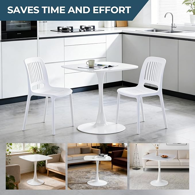 23.62" White Tulip Table, Square Dining Table for 2, Pedestal Table with Metal Leg, Mid Century Modern Bistro Table for Kitchen, Small Space & Cafe