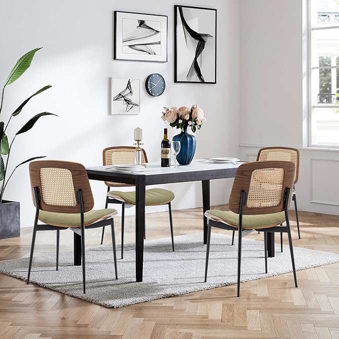 LUNLING Dining Room Chairs Set of 4 Mid Century Modern Retro Green Faux Leather Kitchen Chair with Walnut Bentwood Upholstered Seat Metal Legs Chair for Kitchen Dining Room Chairs(LightGreen)