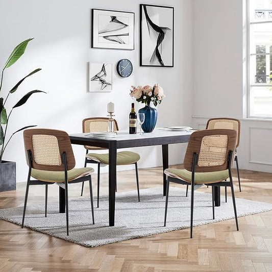 LUNLING Dining Room Chairs Set of 4 Mid Century Modern Retro Green Faux Leather Kitchen Chair with Walnut Bentwood Upholstered Seat Metal Legs Chair for Kitchen Dining Room Chairs(LightGreen)