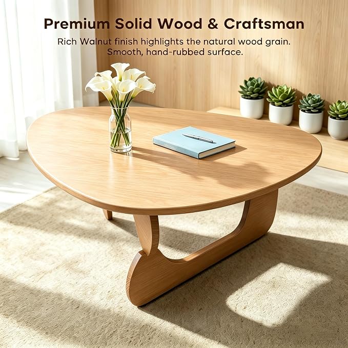 Solid Wood Coffee Table, Mid-Century Modern Triangle Center Table for Living Room, Irregular Natural Wood Tea Table, 43.3" L x 27.5" W x 16.5" H