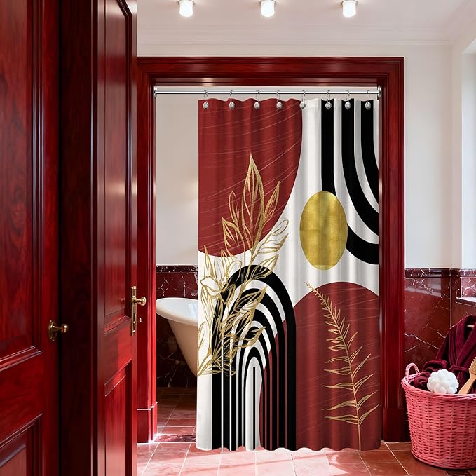 Black and Red Shower Curtain Boho Mid Century Burgundy Dark Red and Gold and White Shower Curtains for Bathroom Decor, Waterproof Cloth Fabric with Hooks, 48" W x 72" L