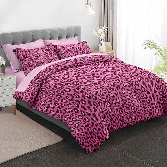 7Pcs Comforter Set King Size, Pink Leopard Cheetah Print, Bedding Decor Wildlife Animal Skin Bedroom Bed Set Flat Sheet Fitted Sheet Pillowcases Shams for Kids Adults