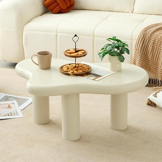 34"(L) Cloud Coffee Table, Modern Wood Coffee Table for Living Room, Accent Center Tables with 3 Legs, Small Tea Tables for Balcony, Patio, Bedroom, Cream White