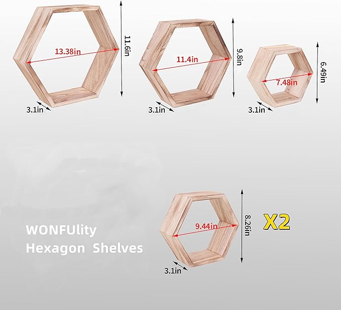 WONFUlity Hexagon Floating Shelves Honeycomb Shelves Wall Mounted Wood Farmhouse Storage Wall Shelf for Bathroom, Kitchen, Bedroom, Living Room,Driftwood Finish Decor,Light Brwon