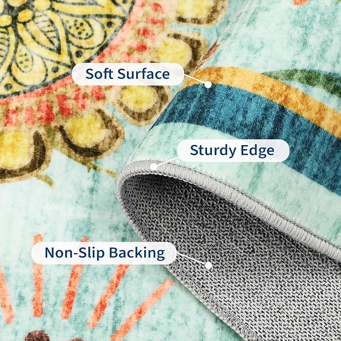 Washable 9x12 Vintage Floral Area Rug Non Shedding Living Room Large Carpet Non Slip Modern Botanical Solid Indoor Carpets Low Pile Floral Rug Soft Thin Mat for Classroom Dining Room, Blue