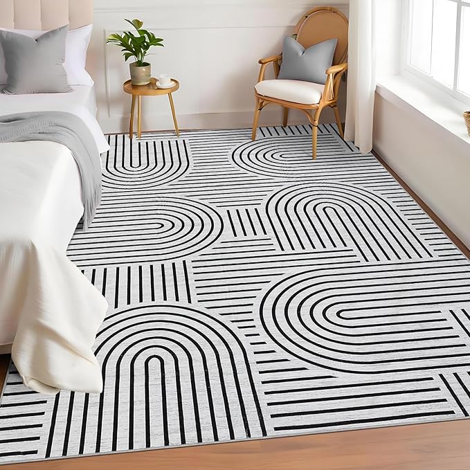 Washable Rug 5x7 Area Rugs for Living Room, Abstract Rug for Bedroom, Soft Rainbow Non Slip Rugs with Rubber Back, Low Pile Stain Resistant Boho Geometric Carpet for Dining Room, Blackwhite