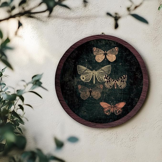 TFKFJLF Vintage Butterfly Wall Art Decor, Dark Moody Cottagecore Moth Butterfly Framed Wooden Artwork, Neutral Farmhouse Round Wall Hanging Decor for Home Bedroom Living Room, 10x10 Inch