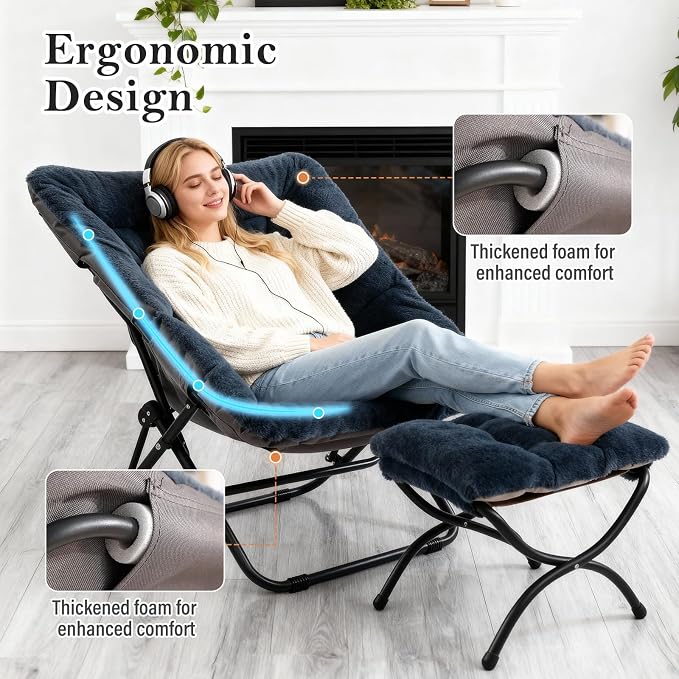 Furlide Saucer Chair with Ottoman, Comfy Doorm Chairs, Oversized Folding Faux Fur Chair, Foldable Metal Frame Chair for Bedroom, Living Room(Navy Blue)