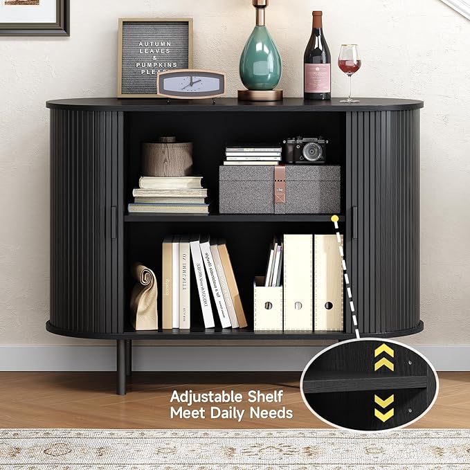 Buffet Cabinet with Storage, Fluted Sideboard Buffet with Sliding Door, Coffee Bar Cabinet with Adjustable Shelf, Console Table, Accent Table for Entryway, Kitchen (Black, 40 Inch)