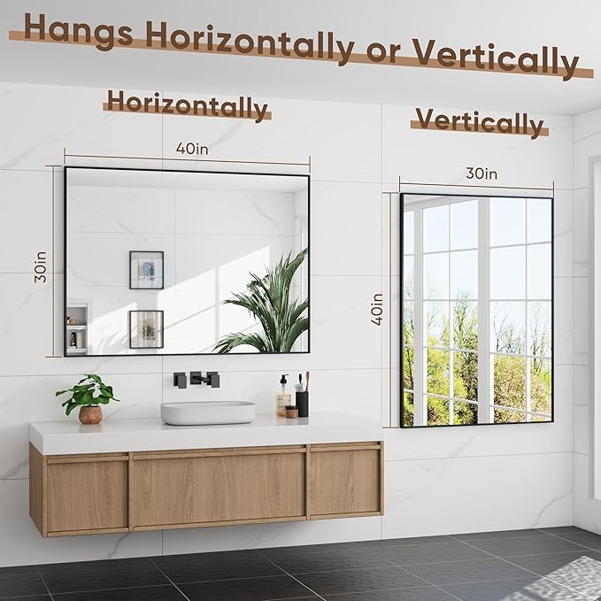 Bathroom Mirrors for Over Sink 40" x 30", Black Metal Frame Rectangle Wall Mirror, Modern Farmhouse Vanity Mirror(Horizontal/Vertical)