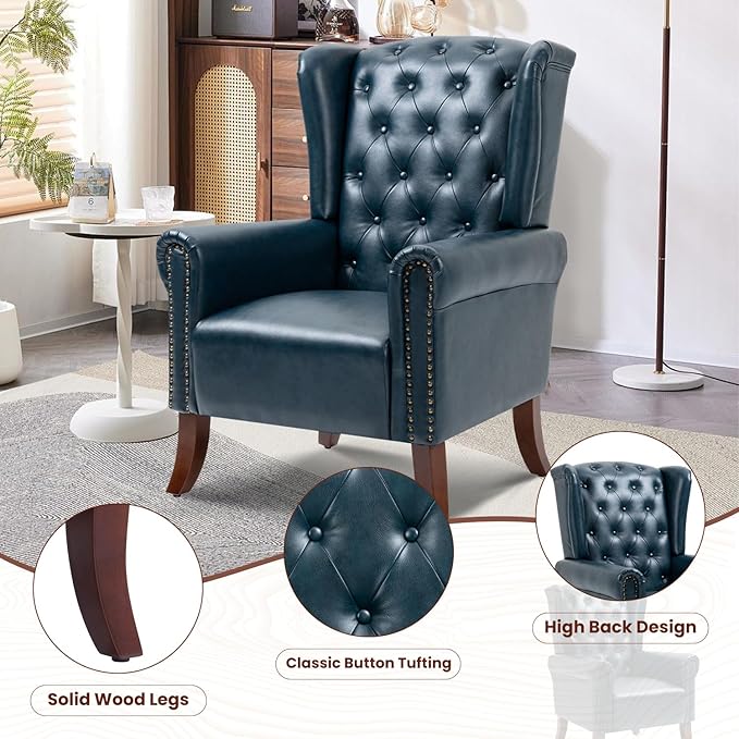 PU Leather Accent Chair Set of 2, Modern Upholstered Living Room Chair Sofa Chair with Wooden Legs, Wingback Armchair Club Chair for Bedroom,Study Room, Lounge (Dark Blue)