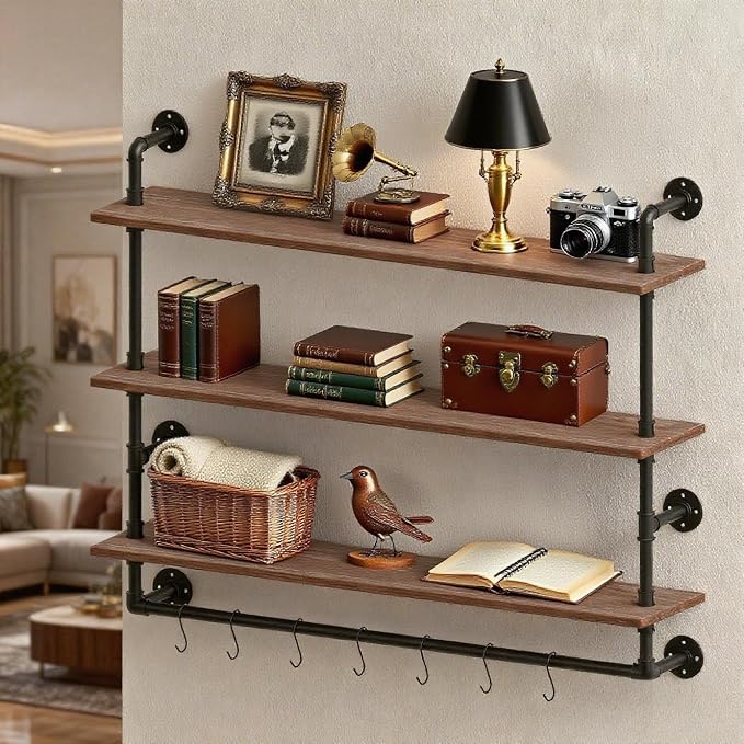 ROGMARS Industrial Floating Pipe Wall Shelves with Towel Rack,30 in Industrial Pipe Shelving Rustic Coffee Bar k Storage Wall Mounted Shelves for Living Room,Bathroom,Kitchen,Laundry Room