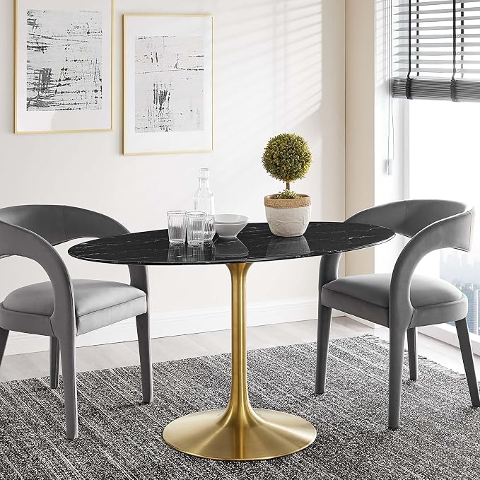 Modway Lippa Oval 54" Artificial Marble Mid-Century Modern Dining Table, Gold Black