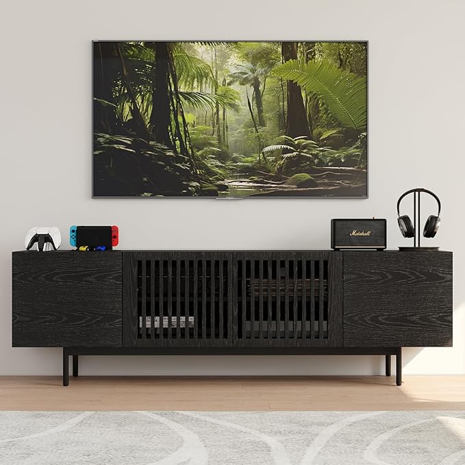 POVISON Full Assembled Mid-Century Modern TV Stand with Slatted Doors, Wood Media Console for 65-75 Inch TV, TV Console with Tall-cast Metal Legs, Entertainment Center with Storage for Living Room
