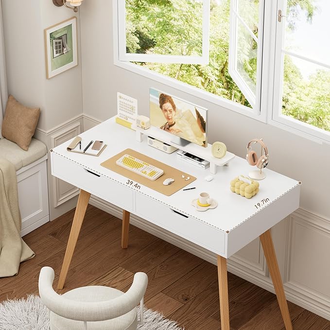 FOTOSOK White Computer Writing Desk with 2 Drawers, Small Desk Makeup Vanity Table Wood Desk with 4 Oak Legs, Modern Home Office Desk Console Study Table
