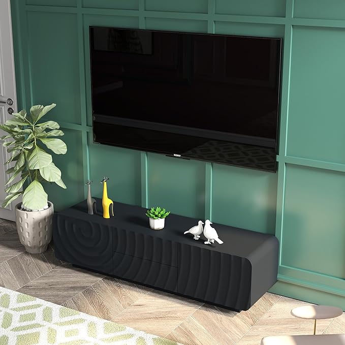 LKTART 58'' TV Stand with Storage & 2 Drawers, Modern TV Console with Water Ripple Door Panels Mid-Century Credenza Sideboard Buffet Cabinet for Kitchen & Living Room (Black)