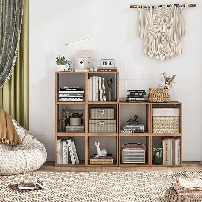 Giantex 4 Cube Bookshelf Organizer, 2-Tier Stackable Cube Storage Organizer, Small Wooden Open Book Shelf with Anti-toppling Device, Wood Floor Standing Display Shelving Bookcase, Natural