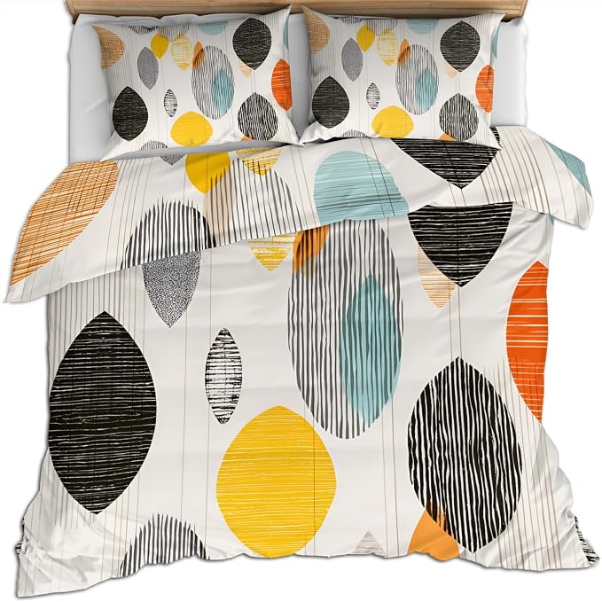 Retro Medieval Duvet Cover Twin Size, Colorful Geometric Lines Bedding Set 2 Piece Kids and Adults Modern Comforter Cover and 1 Pillow Sham with Zipper Closure