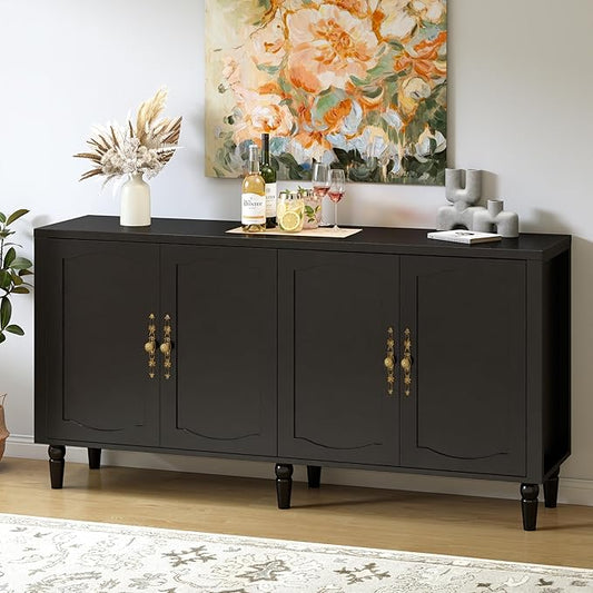 63" Sideboard Buffet Cabinet with Storage, Mid Century Modern Credenza with Adjustable Shelves & Carved Handles, Large Kitchen Buffet Table Coffee Bar for Dining Room & Living Room - Black