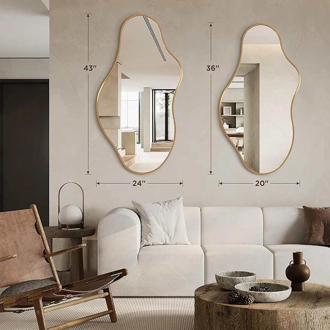 Bathroom Mirrors for Over Sink - Long Wall Mirrors Decorative 24"x 43" Asymmetrical Abstract Aviation Aluminum Alloy Frame Unique for Bedroom, Living Room, Cloakroom, Entryway Gold