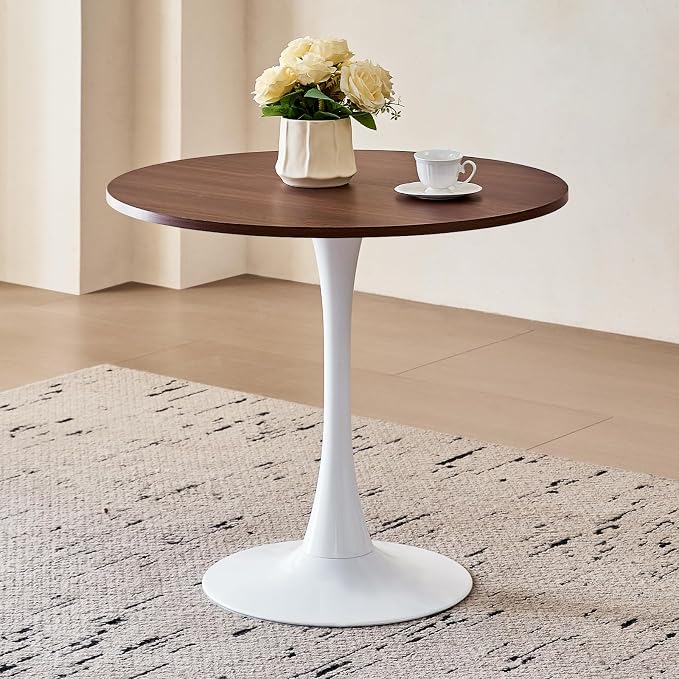 31.5" Round Dining Table for 2-4 Modern Circle Tulip Table with Metal White Tulip Pedestal Base for Kitchen Dining Living Room Apartment Small Space Cafe, Brown