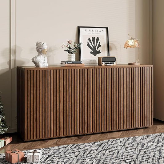 Rophefx Fluted Sideboard Cabinet, 63" Buffet Cabinet with Storage, Credenza Storage Cabinets with Adjustable Shelf, Wood Entryway Cabinets with Pop-up Doors for Living Room, Entryway, Hallway, Walnut