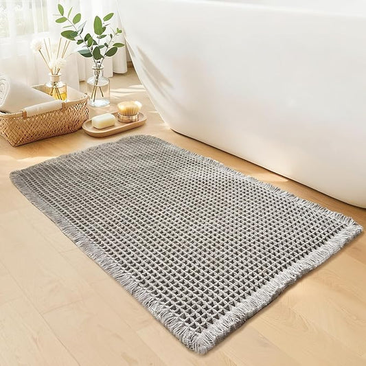 Waffle Bath Mat - Boho Bathroom Rugs Non Slip Washable, Super Absorbent & Quick Dry, Soft Bath Mat Farmhouse Bathroom Decor, 20'' x 32'', Light Grey