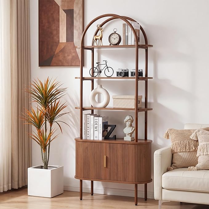 71" Tall Fluted Arched Bookshelf with Sliding Tambour Doors, Mid Century Modern Metal Curved Bookshelf Cabinet with Storage, 4-Tier Open Display Storage Shelf for Home Office, Living Room (Walnut)
