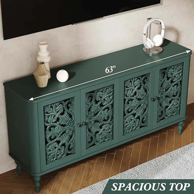 ARTPOWER 63" Retro Arc Carved Sideboard Buffet Cabinet, 4 Craft Doors Wooden Accent Credenza for Living Room, Dining Room, Entryway, Hallway, Green