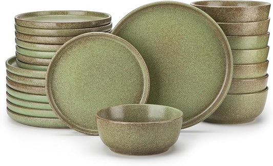 vancasso Plates and Bowls Sets, 24 Pieces Stoneware Dinnerware Set for 8, Ceramic Dish Set for Kitchen, Microwave and Dishwasher Safe, Mossy Green, Series ZERMATT