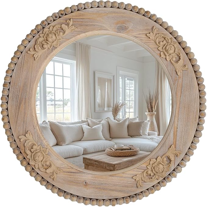 sawsile Round Wood Mirror,24 inch Circle Rustic Farmhouse Natural Wooden Frame Boho Beads Wall Mirror for Bathroom,Living Room,Bedroom or Entryway