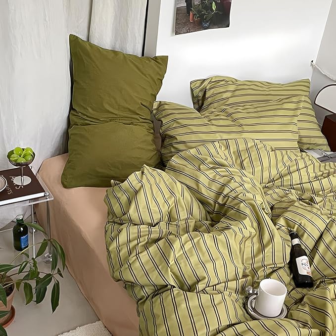 mixinni Vintage Stripes Duvet Cover Set Full - 3-Piece Mid-Century Cotton Olive & Taupe Striped Bedding, Soft Breathable All-Season Comforter Cover with Zipper Closure & Corner Ties-Full Size