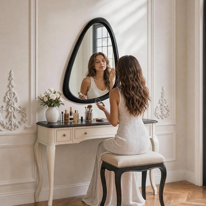 30" x 20" Asymmetrical Wall Mirror with Black Wood Frame, Irregular Wall Mirror for Bedroom Entryway Living Room, HD Tempered Glass, Horizontal or Vertical Hanging