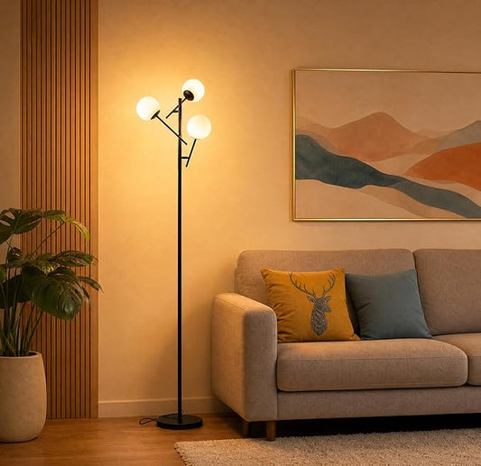 Fiqevs Mid Century Modern Floor Lamp -3 Adjustable Globe Lamps, Including LED Bulbs, Black Standing Light for Living Rooms bedrooms