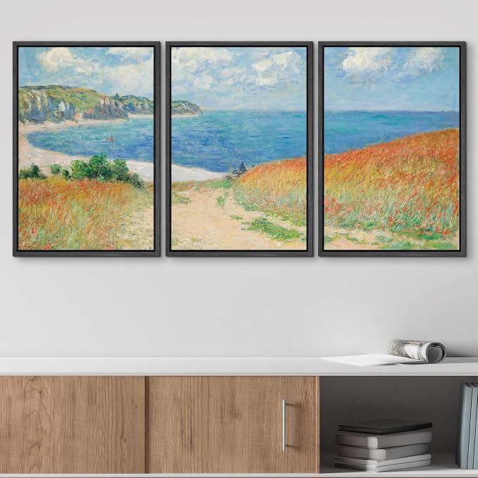 wall26 Framed Canvas Print Wall Art Set Path Through The Corn at Pourville by Claude Monet Cultural Historic Oil Painting Fine Art Reproduction for Living Room, Bedroom, Office - 24"x36"x3 Black