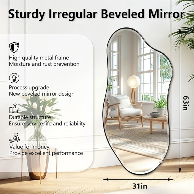 POZINO Large Irregular Beveled Mirror, 63"x31.5" Organic Full Length Mirror with Black Metal Frame, Asymmetrical Wall Mirrors for Entryway Hallway Cloakroom Living Room, Horizontal/Vertical Hanging