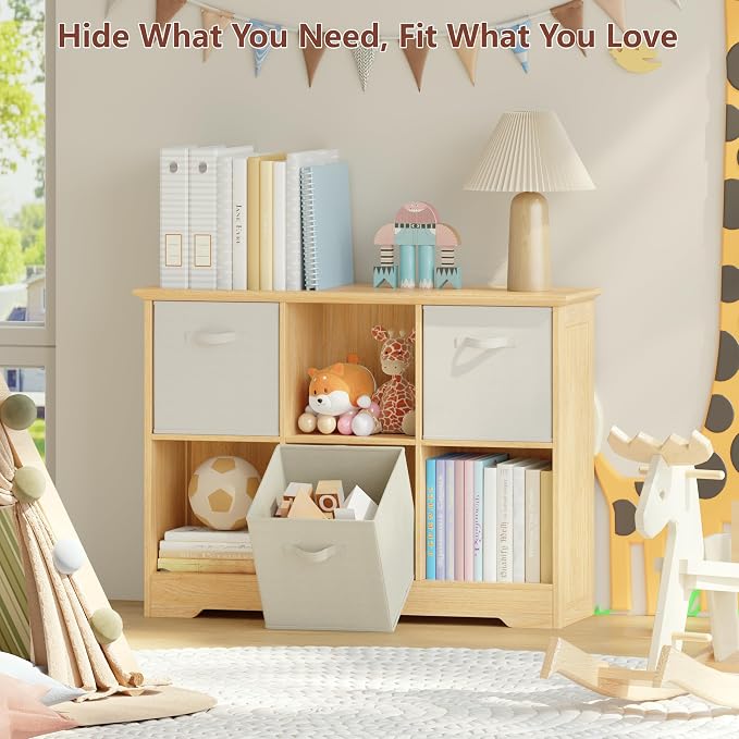 VORONOI 6 Cube Storage Organizer with 3 Fabric Drawers and Removable Shelves — Modular Cube Bookshelf for Bedroom, Living Room, or Home Office, Short Cube Bookcase for Toys, Decor,Natural Wood