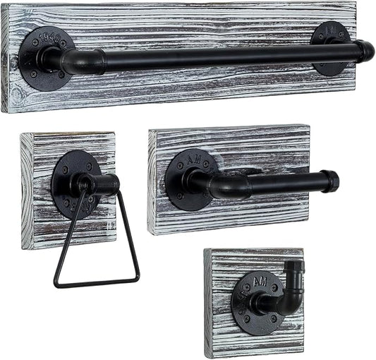 MyGift 4 Piece Wall Mounted Bathroom Hardware Set, Rustic Torched Wood and Industrial Matte Black Metal Pipe Towel Ring, Robe Hook, Toilet Paper Holder and Towel Bar