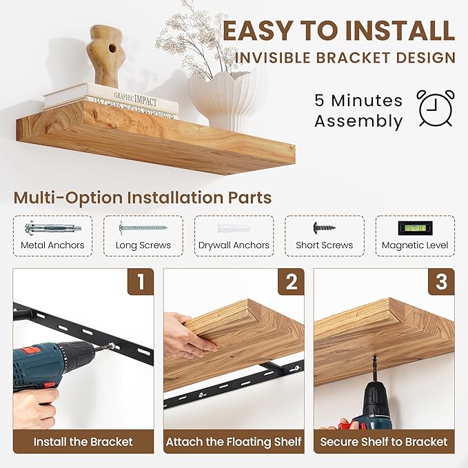 Extra Deep 48" Long Rustic Solid Wood Floating Shelves for Wall, Wall Shelves with Invisible Bracket for Living Room Bathroom Bedroom Kitchen, Set of 1, Walnut