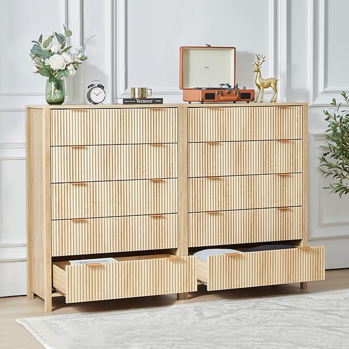 Fluted 5 Drawer Tall Dresser for Bedroom, Mid Century Modern Nightstand with Drawers, Tall Bedside Table for Closet Cloth, Living Room End Table with Storage for Dorm -Natural