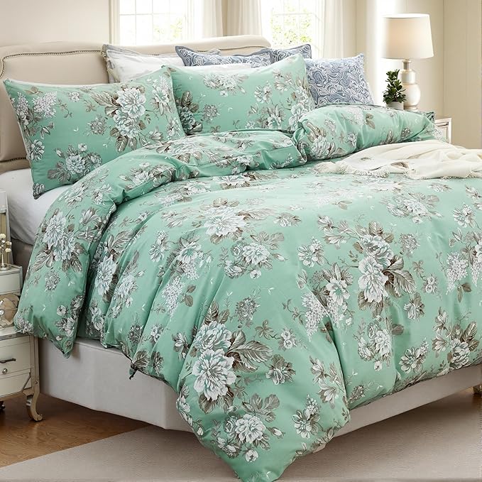 Floral Duvet Cover Queen Size Soft 100% Nature Cotton Vintage Style Green Bedding Set with Zipper Closure 3 Pcs Cottagecore Botanical Duvet Cover, Ultra Soft, Breathable