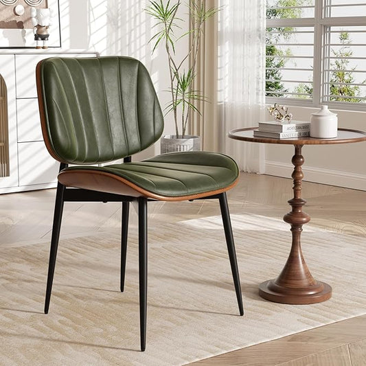 Dining Chair, Mid Century Modern Dining Room Chairs, Upholstered Faux Leather Kitchen Chairs with Walnut Bentwood Back and Metal Legs for Kitchen Dining Room Living Room, Green