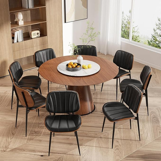 Mid Century Modern Dining Chairs Set of 8, Upholstered Faux Leather Kitchen Dining Room Living Room Chairs, Walnut Wood Bentwood Back and Metal Legs, Black