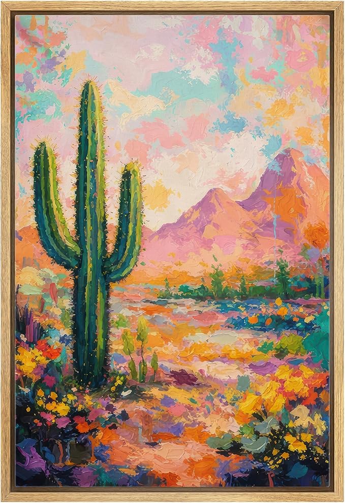 MUDECOR Framed Canvas Print Wall Art Colorful Desert Cactus Landscape Contemporary Illustrations Minimalism Decorative Bohemian Zen for Living Room, Bedroom, Office - 16"x24" NATURAL