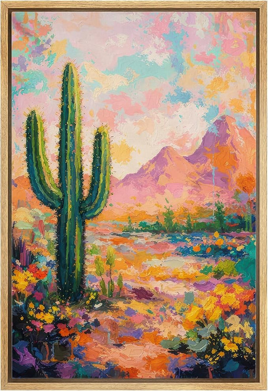 MUDECOR Framed Canvas Print Wall Art Colorful Desert Cactus Landscape Contemporary Illustrations Minimalism Decorative Bohemian Zen for Living Room, Bedroom, Office - 16"x24" NATURAL