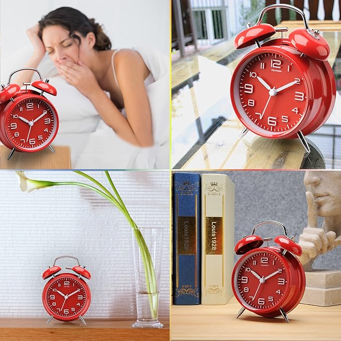 Peakeep 4.5 Inches Twin Bell Loud Alarm Clock for Heavy Sleerpers, Backlight, Battery Operated Old Fashioned Alarm Clock for Bedrooms (3D-Dial, Red)