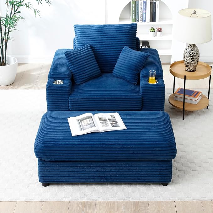 Eafurn 43.3" Oversized Accent Chair with Storage Ottoman Convertible Chaise Lounge, Corduroy Cloud Sofa Chair w/Cupholders, Modern Extra Wide Armchair
